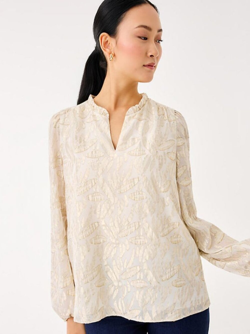 Lilly Pulitzer Giana Long Sleeve Silk Top in Coconut Leafy Babe Metallic